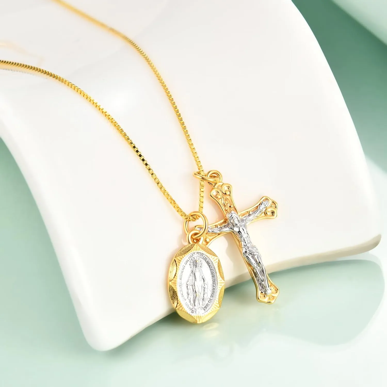 Rnivida 925 Sterling Silver Crucifix Cross and Miraculous Medal Pendant Necklace for Women