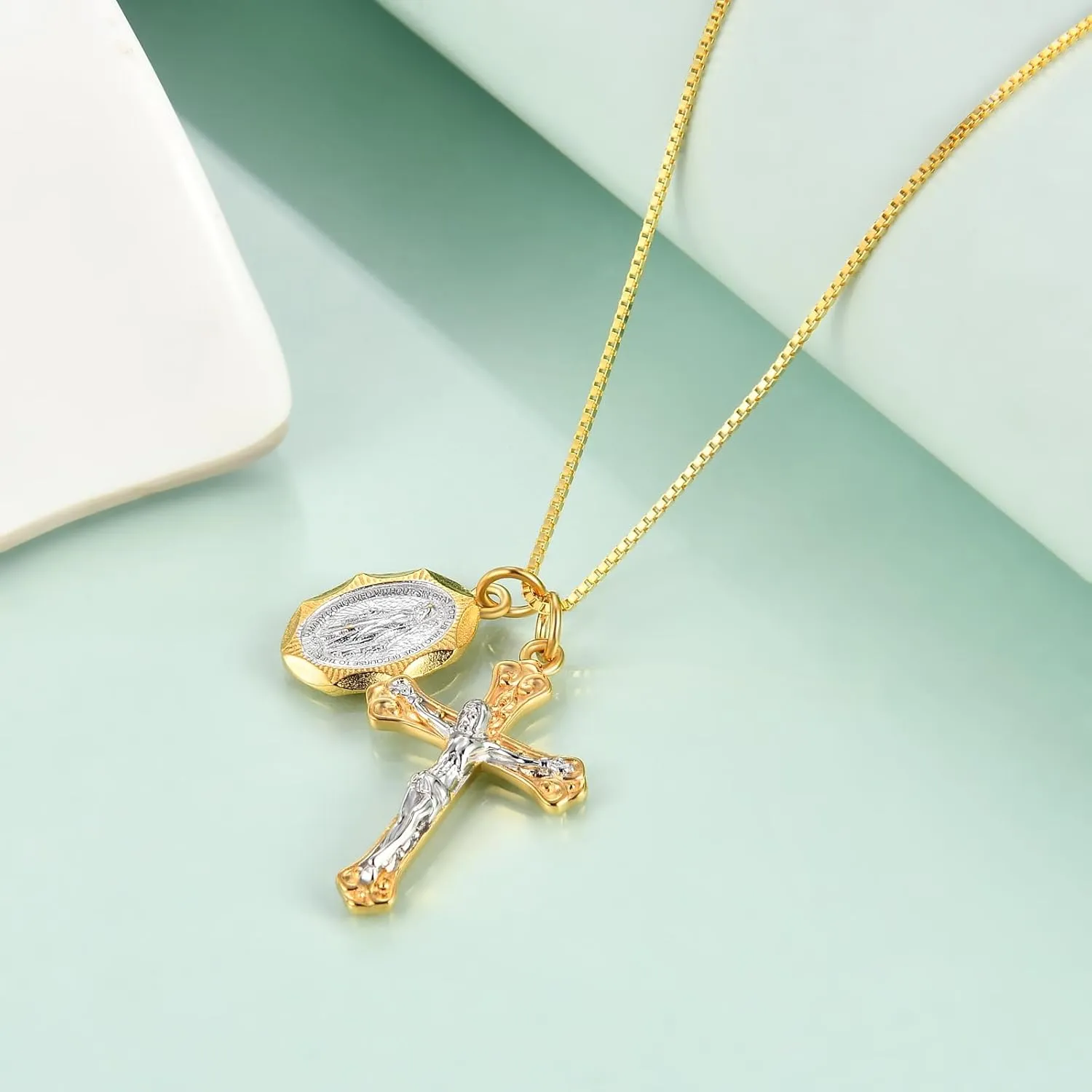 Rnivida 925 Sterling Silver Crucifix Cross and Miraculous Medal Pendant Necklace for Women