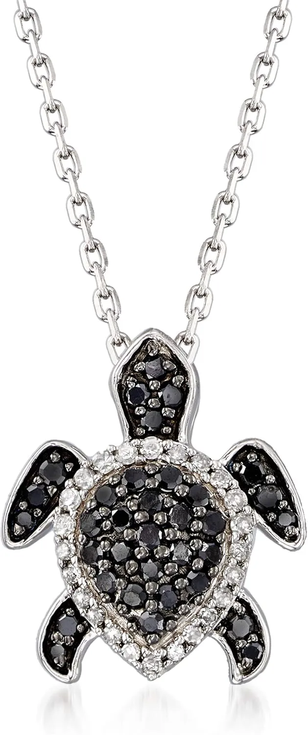 Ross-Simons 0.25 ct. t.w. Black and White Diamond Turtle Pendant Necklace in Sterling Silver