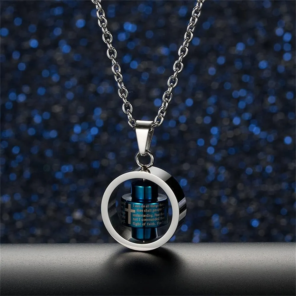Rotatable Bible Verses Crucifix Faith Necklace for Men Women Prayers Anti Anxiety Pendant Necklace Inspirational Memorial Statement Stainless Steel Adjustable Link Chain Boyfriend Son Christmas New Year Gifts