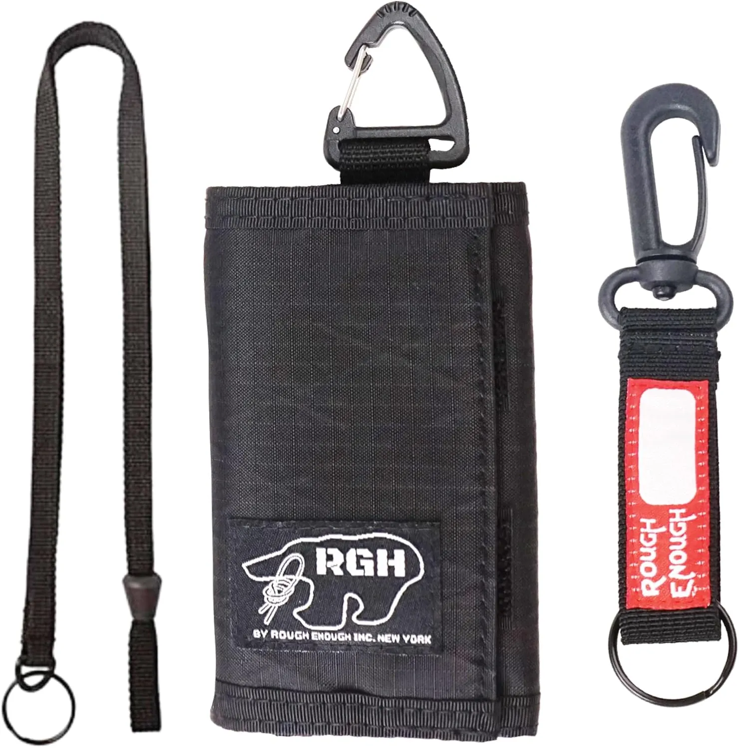 Rough Enough Boys Wallet for Kids Teen with Neck Lanyard Keychain Zipper Coins Pocket Small Slim Minimalist Waterproof Everyday Adventures Black