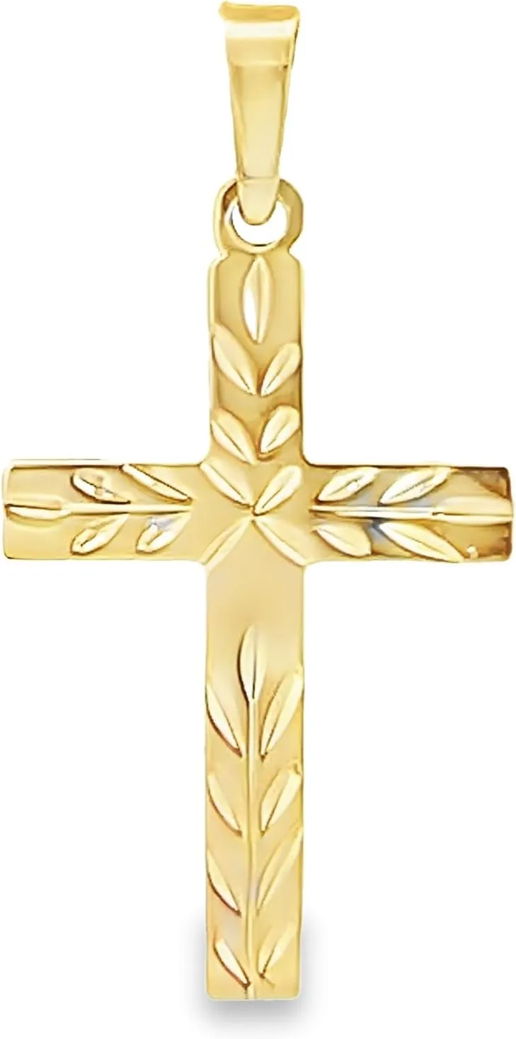 RP 14K Yellow Gold Leaf Design Cross Real 14K Real Yellow Gold Cross Pendant for Women. Small, Medium & Large