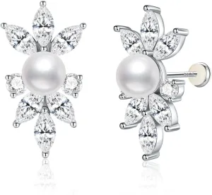 S925 Silver Stud Pearl Earrings for Brides, Gold/Silver Bridal Jewelry with 5A Cubic Zirconia for Wedding
