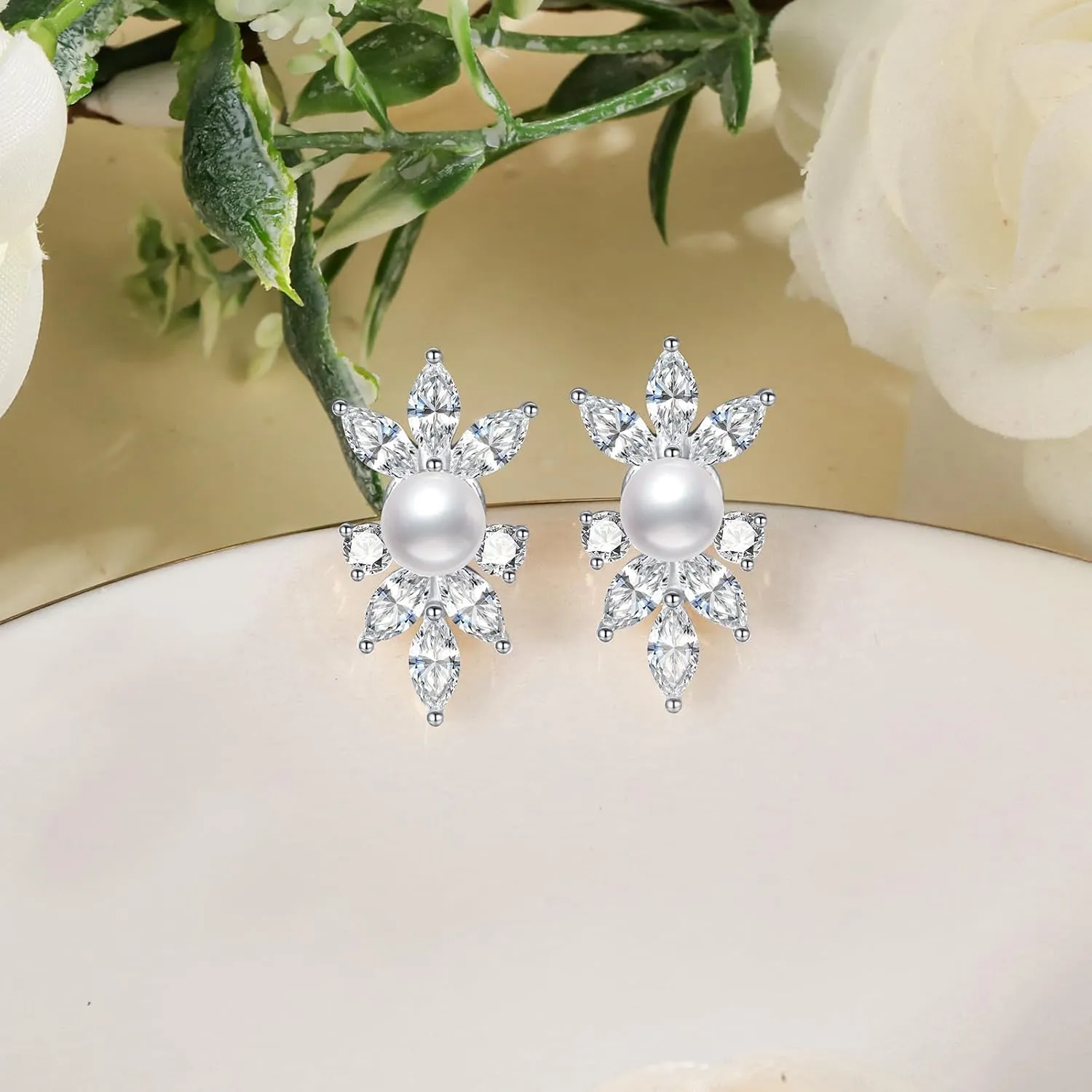 S925 Silver Stud Pearl Earrings for Brides, Gold/Silver Bridal Jewelry with 5A Cubic Zirconia for Wedding