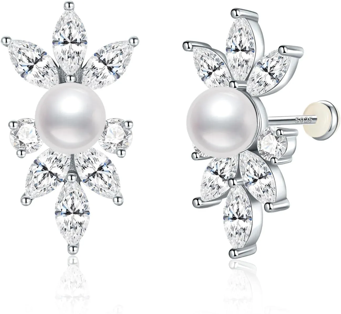 S925 Silver Stud Pearl Earrings for Brides, Gold/Silver Bridal Jewelry with 5A Cubic Zirconia for Wedding
