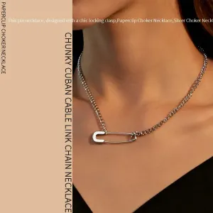 Safety Pin Necklace, Silver Paperclip Chain Necklace For Women Men, Paperclip Choker Necklace,Silver Choker Necklace For Women Jewelry Gift