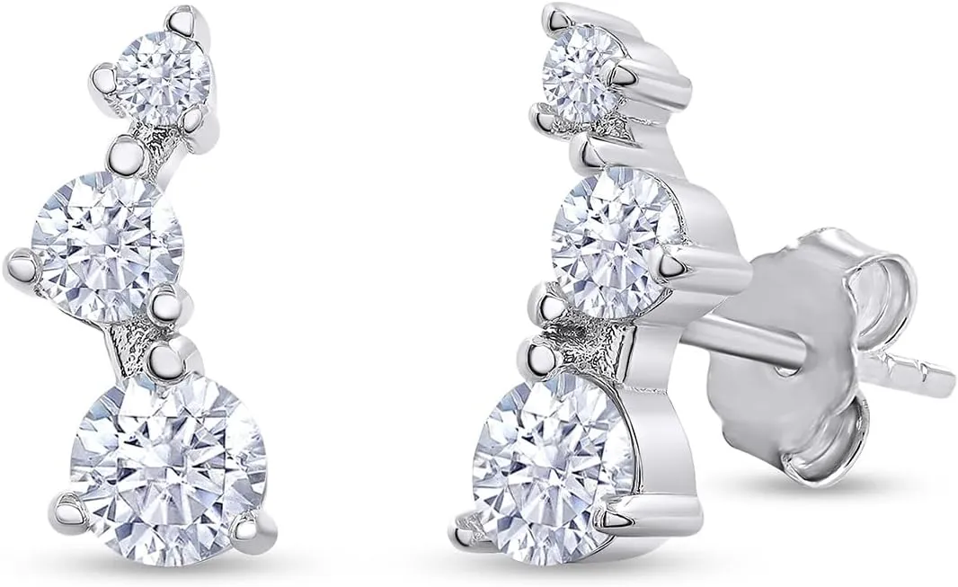SAVEARTH DIAMONDS 18k Gold Plated Sterling Silver Post Ear Crawler Earrings 1.00 Carat (ctw) Moissanite Diamond 3-Stone Climber Earrings for Women | Trendy Jewelry Gifts For Her Push Back Earrings