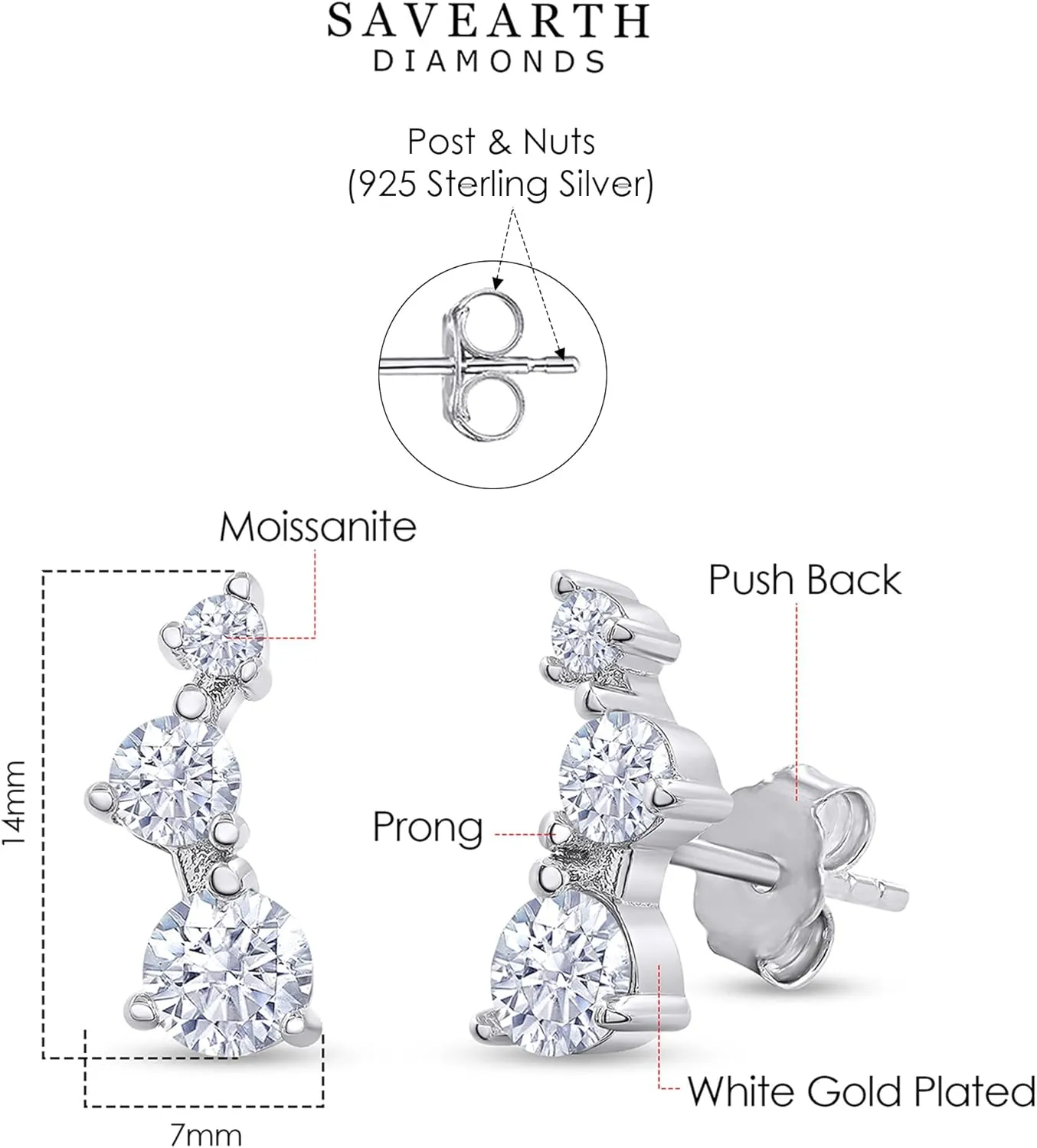 SAVEARTH DIAMONDS 18k Gold Plated Sterling Silver Post Ear Crawler Earrings 1.00 Carat (ctw) Moissanite Diamond 3-Stone Climber Earrings for Women | Trendy Jewelry Gifts For Her Push Back Earrings