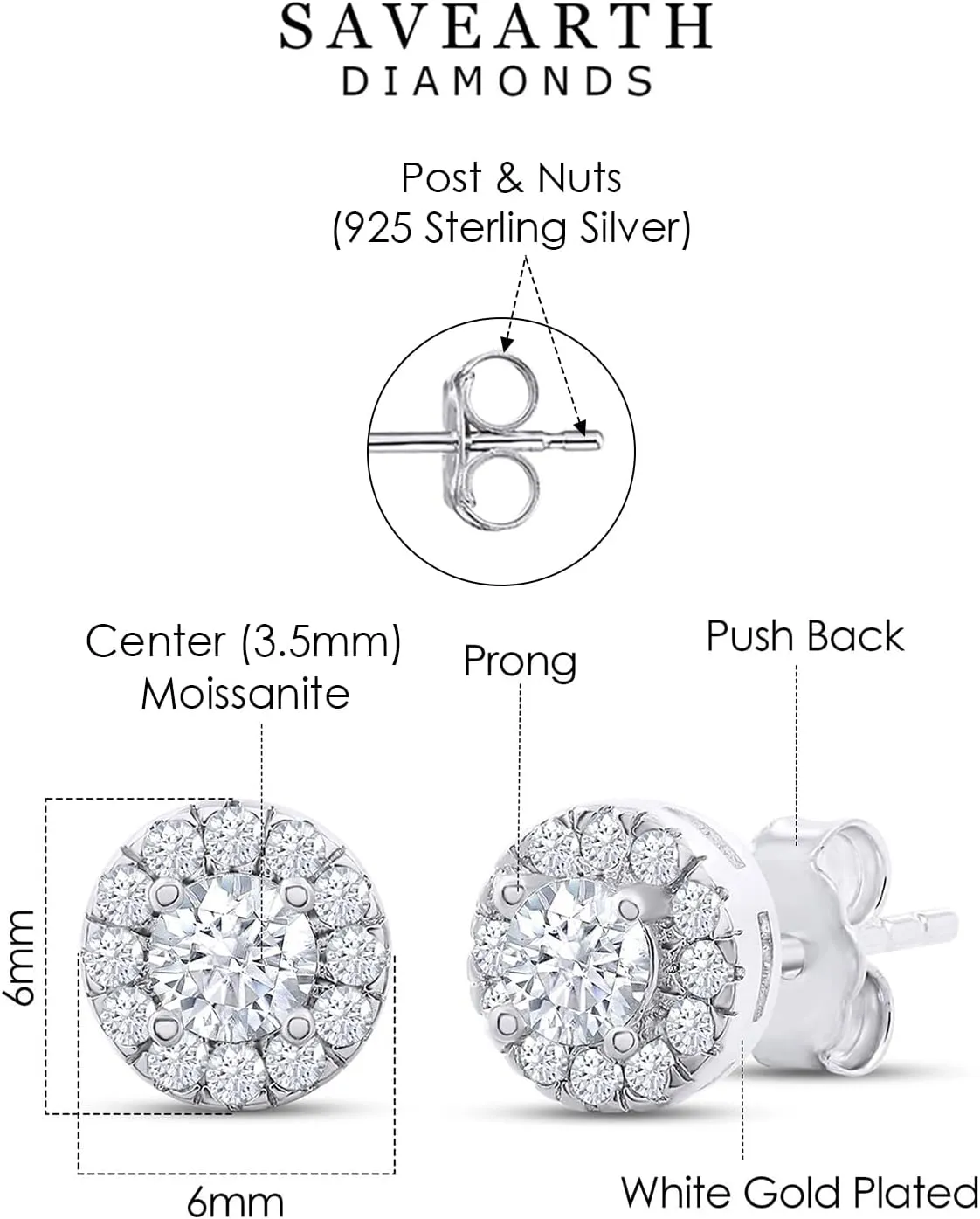 SAVEARTH DIAMONDS 18k Gold Plated Sterling Silver Post Halo Stud Earrings | Heart, Round & Teardrop style Moissanite Diamond Stud Earrings for Women | Push Back Earrings For Her