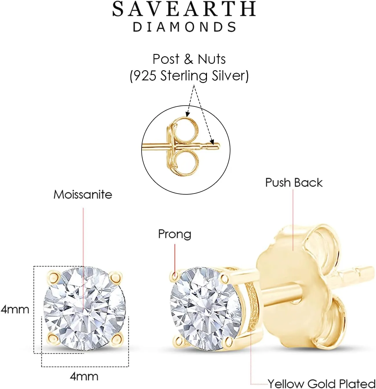 SAVEARTH DIAMONDS 18k Gold Plated Sterling Silver Post Solitaire Stud Earrings | 3MM, 4MM And 5MM Moissanite Diamond Stud Earrings For Women Jewelry Gifts For Her Push Back Earrings