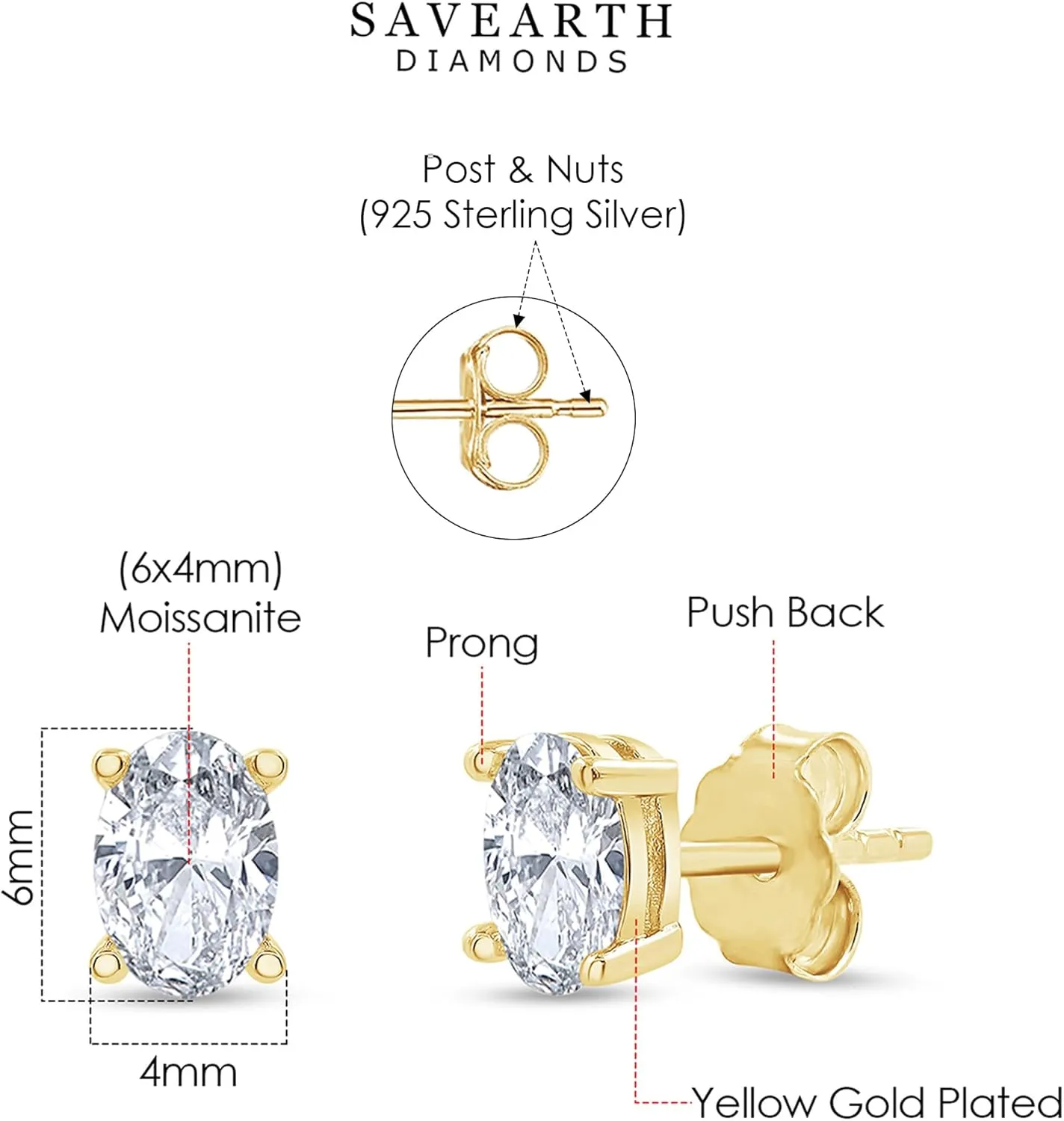 SAVEARTH DIAMONDS 18k Gold Plated Sterling Silver Post Solitaire Stud Earrings | 4X6MM Pear & Oval Moissanite Diamond Stud Earrings for Women | Jewelry Gifts For Her Push Back Earrings