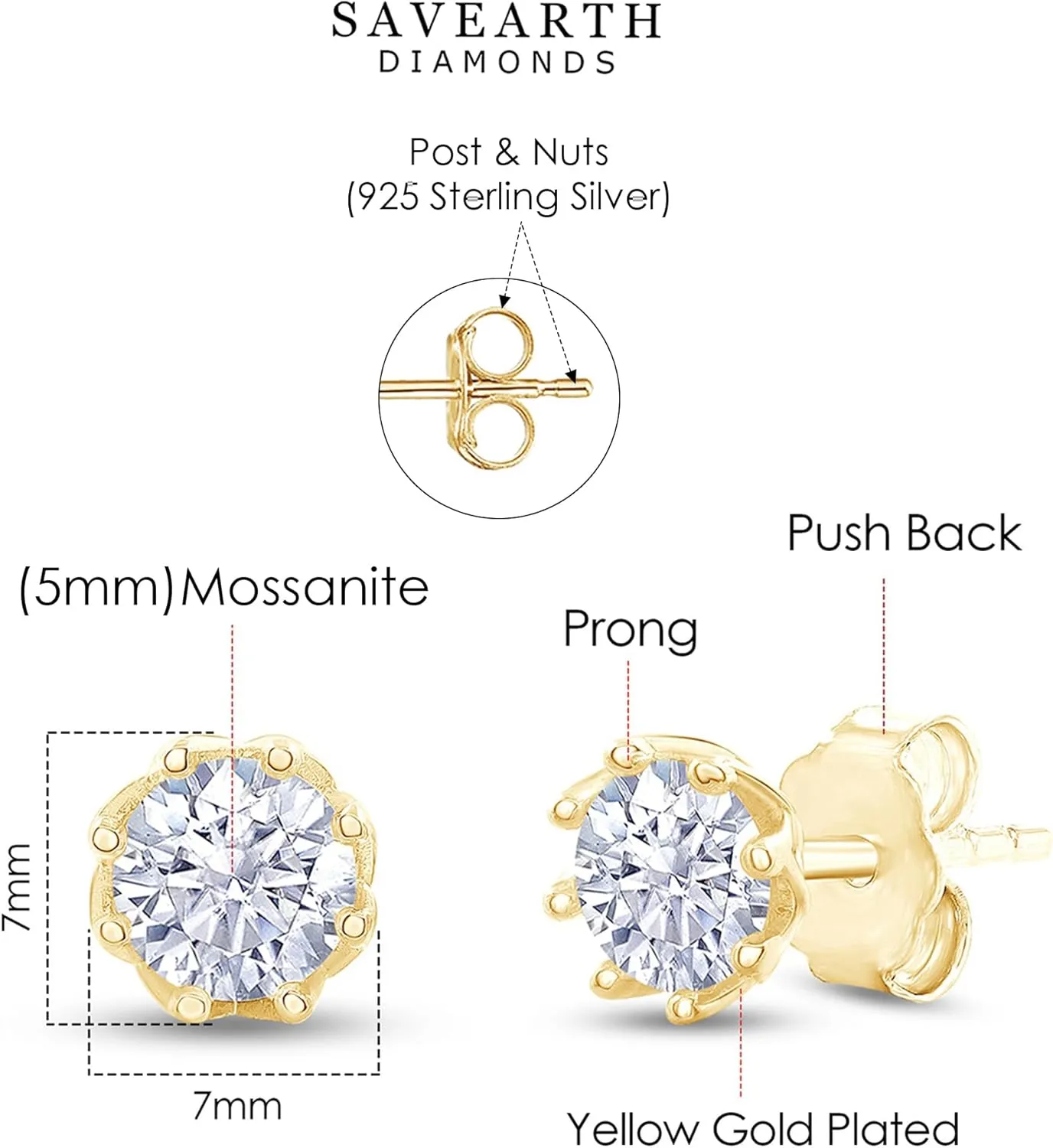 SAVEARTH DIAMONDS 18k Gold Plated Sterling Silver Post Solitaire Stud Earrings for Women | 5MM Moissanite Diamond Flower Stud Earrings | Trendy Jewelry Gifts For Her Push Back Earrings (0.80 Cttw)