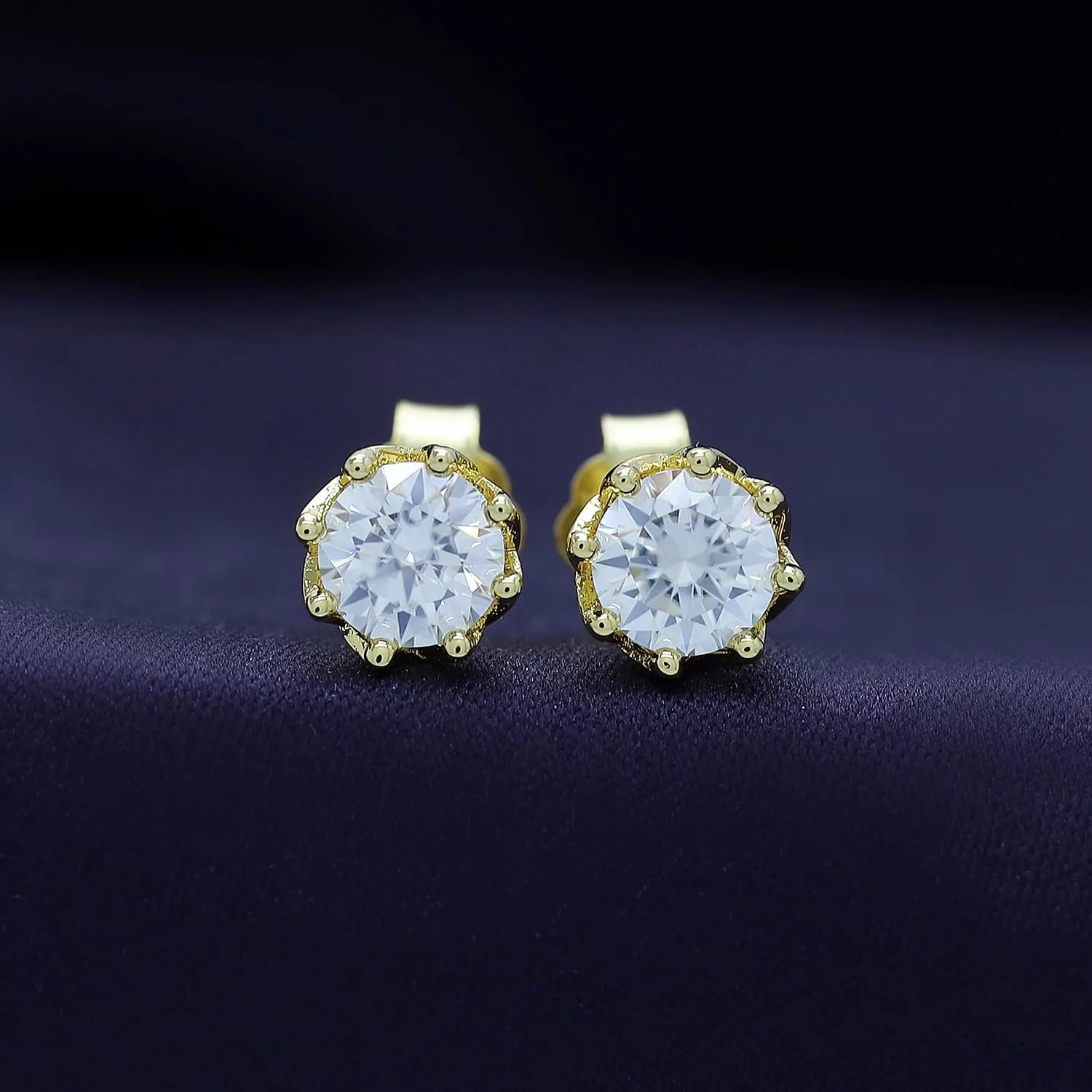 SAVEARTH DIAMONDS 18k Gold Plated Sterling Silver Post Solitaire Stud Earrings for Women | 5MM Moissanite Diamond Flower Stud Earrings | Trendy Jewelry Gifts For Her Push Back Earrings (0.80 Cttw)