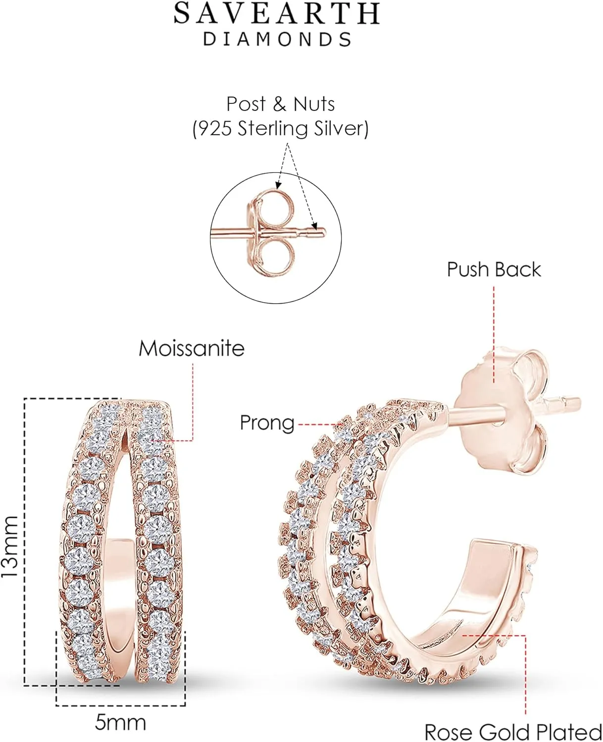 SAVEARTH DIAMONDS 18k Gold Plated Sterling Silver Post Split Huggie Hoop Earrings, 0.75 Carat (ctw) Moissanite Diamond Hoop Earrings for Women | Jewelry Gifts For Her (3/4 Ctw)