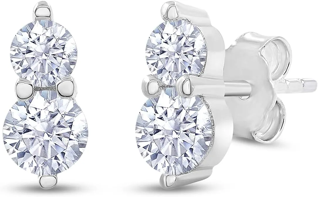 SAVEARTH DIAMONDS 18k Gold Plated Sterling Silver Post Two Stone Stud Earrings, 0.90 Carat (ctw) Moissanite Diamond Stud Earrings For Women | Trendy Jewelry Gifts For Her