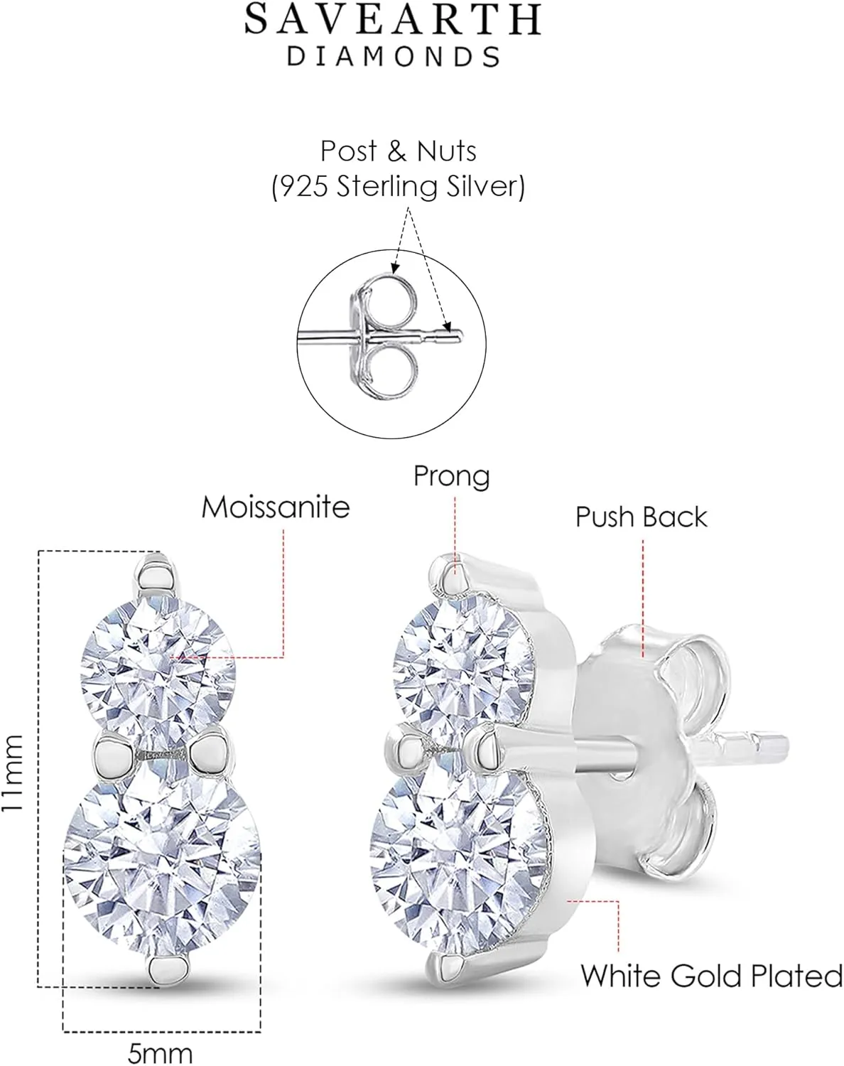 SAVEARTH DIAMONDS 18k Gold Plated Sterling Silver Post Two Stone Stud Earrings, 0.90 Carat (ctw) Moissanite Diamond Stud Earrings For Women | Trendy Jewelry Gifts For Her