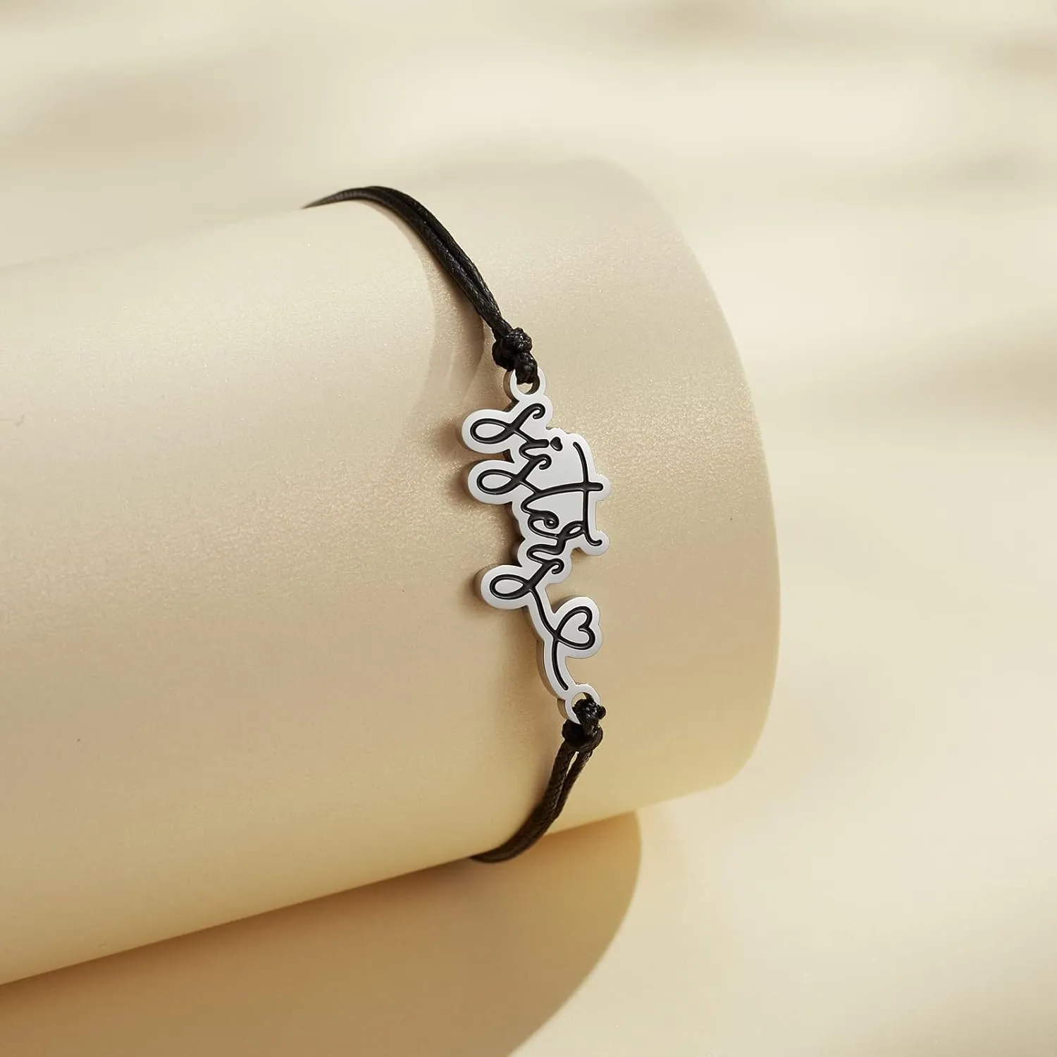seensea Name ID Bracelet Black Braided Rope Bar Bracelet for Family Women Gift