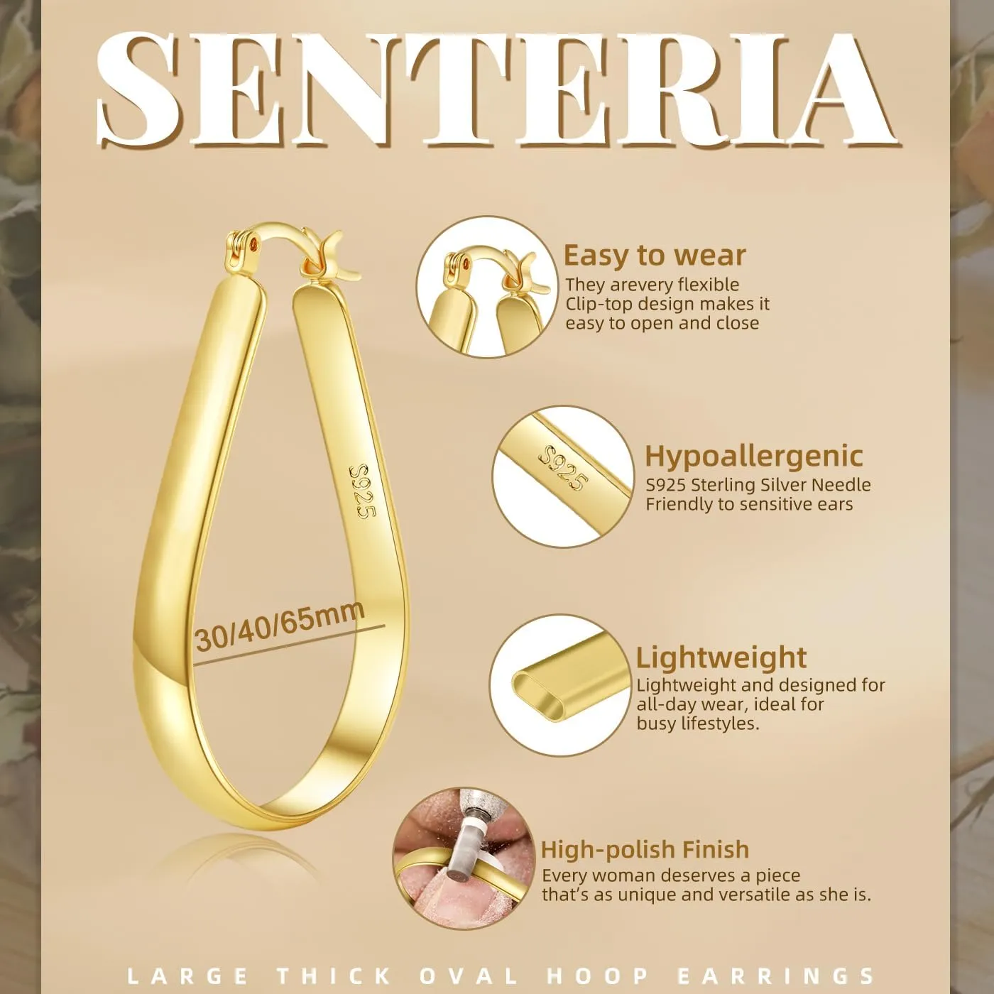 Senteria 5MM Wide Sterling Silver Hoop Earrings For Women Hypoallergenic Thick Silver Hoop Earrings Lightweight Oval Big Silver Hoop Earrings for Women 30/40/65MM