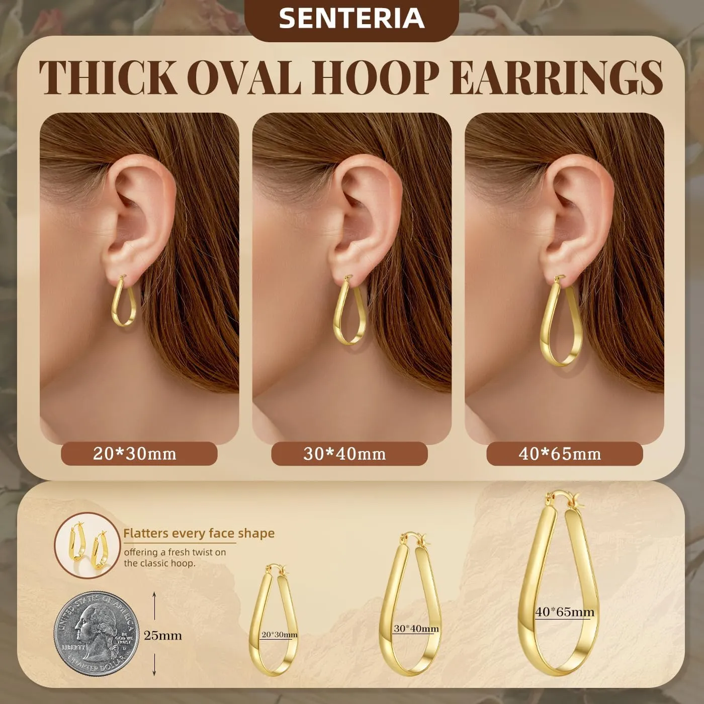 Senteria 5MM Wide Sterling Silver Hoop Earrings For Women Hypoallergenic Thick Silver Hoop Earrings Lightweight Oval Big Silver Hoop Earrings for Women 30/40/65MM