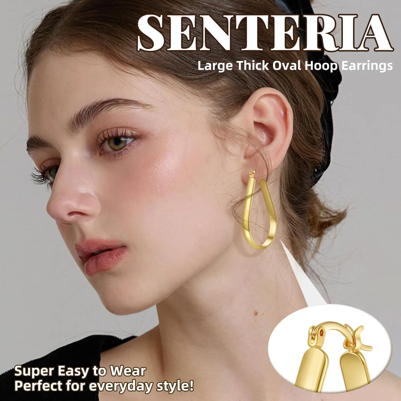 Senteria 5MM Wide Sterling Silver Hoop Earrings For Women Hypoallergenic Thick Silver Hoop Earrings Lightweight Oval Big Silver Hoop Earrings for Women 30/40/65MM