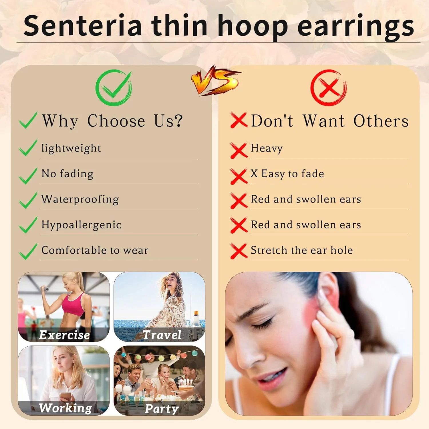 Senteria Lightweight Gold Hoop Earrings for Women 4mm Wide Large Hoop Earrings 14K Real Gold Plated Hypoallergenic Hoops Earring Big Thin Earring Hoops for Women 30/40/50/60/70mm