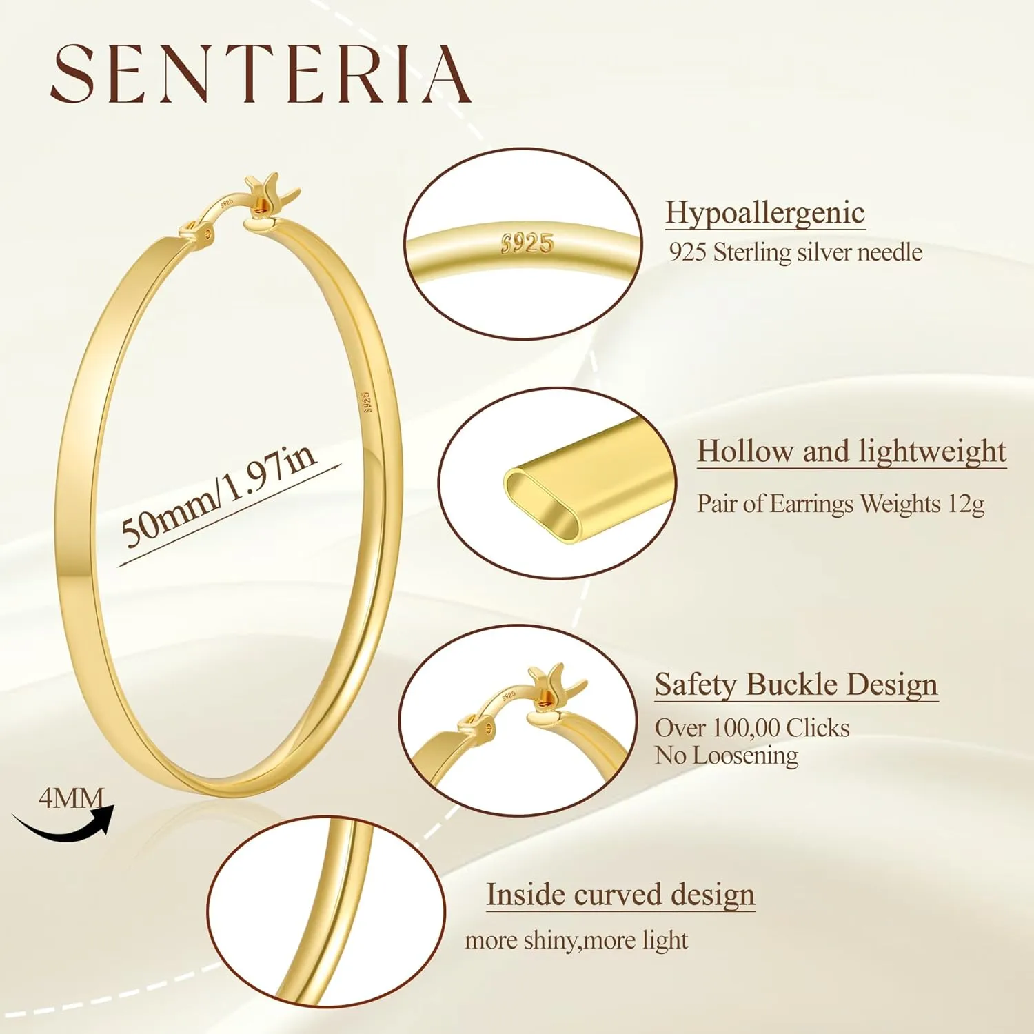 Senteria Lightweight Gold Hoop Earrings for Women 4mm Wide Large Hoop Earrings 14K Real Gold Plated Hypoallergenic Hoops Earring Big Thin Earring Hoops for Women 30/40/50/60/70mm