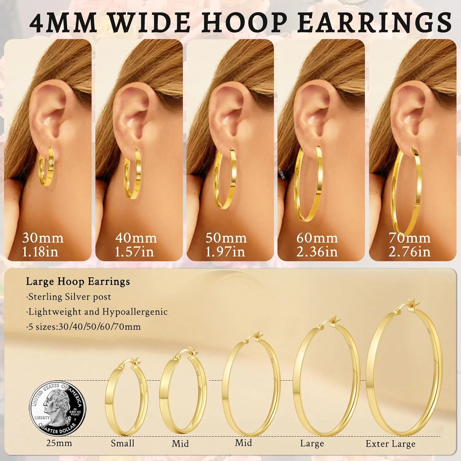 Senteria Lightweight Gold Hoop Earrings for Women 4mm Wide Large Hoop Earrings 14K Real Gold Plated Hypoallergenic Hoops Earring Big Thin Earring Hoops for Women 30/40/50/60/70mm