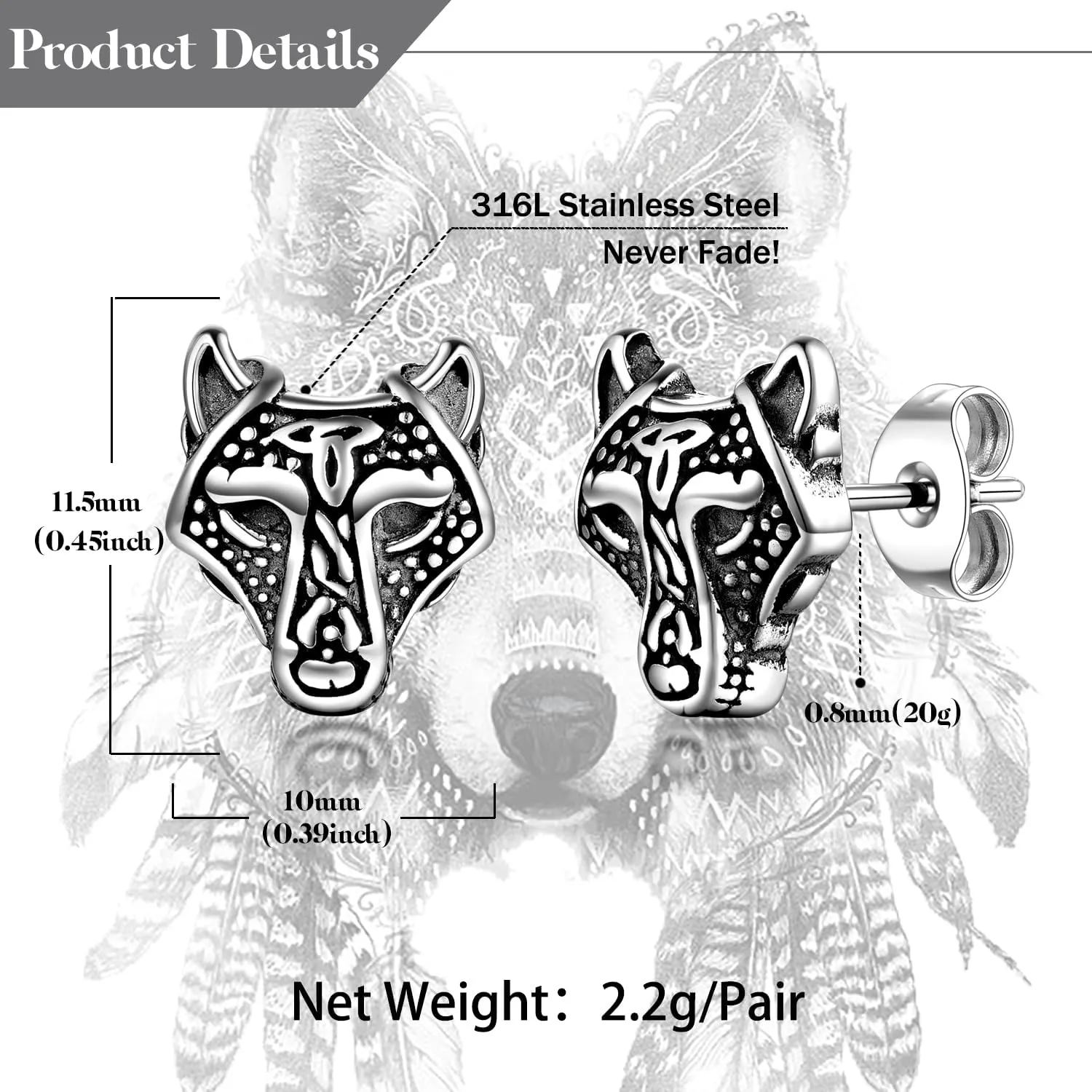 SIISPRI Celtic Wolf Stud Earrings For Men Women Norse Viking Stainless Steel Jewelry,Trendy Animal Earrings Hypoallergenic