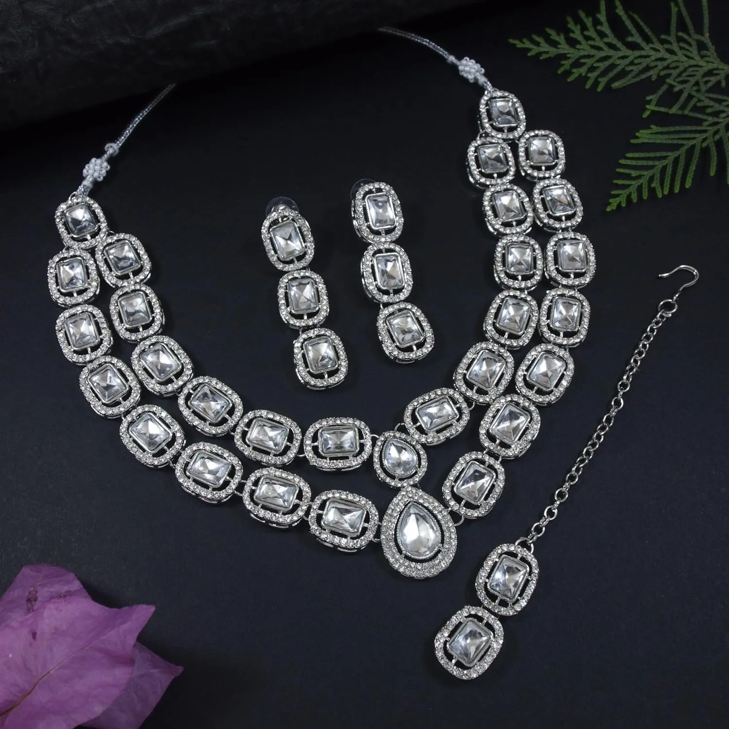 Silver Plated Indian Wedding Bollywood Stone Choker Necklace Jewellery With Earring & Maang Tikka Set For Women (IJ380Z)