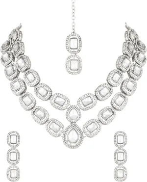Silver Plated Indian Wedding Bollywood Stone Choker Necklace Jewellery With Earring & Maang Tikka Set For Women (IJ380Z)