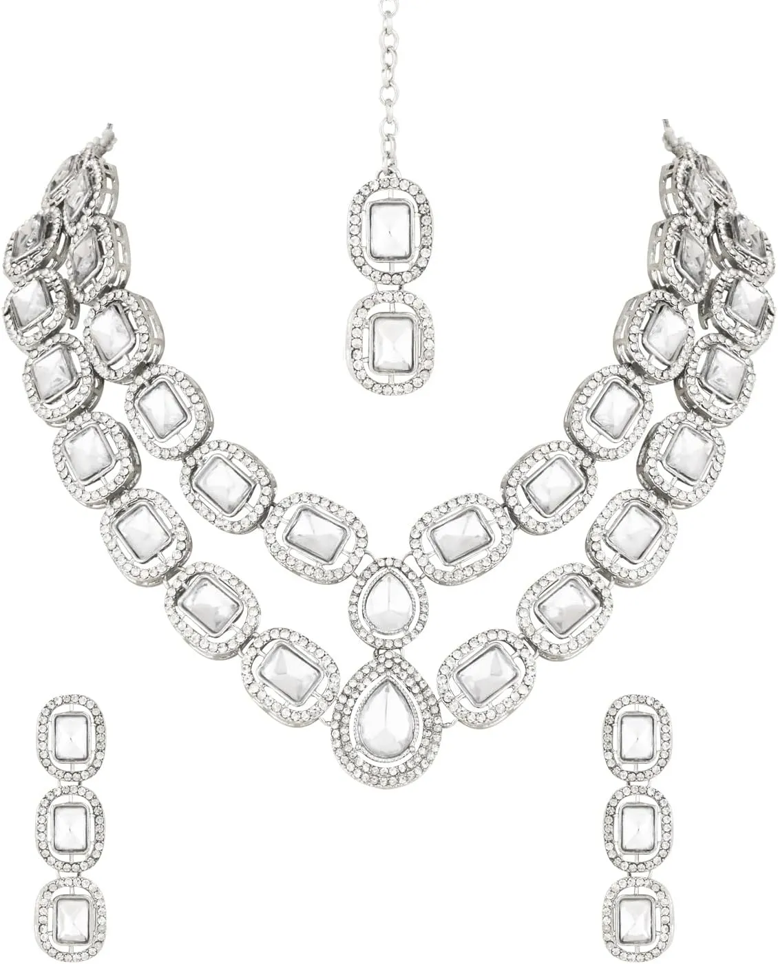 Silver Plated Indian Wedding Bollywood Stone Choker Necklace Jewellery With Earring & Maang Tikka Set For Women (IJ380Z)