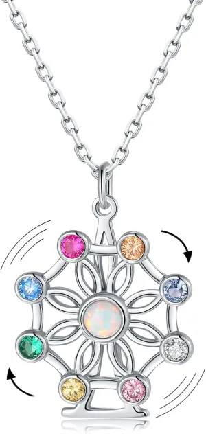 Silver Spinner Ferris Wheel Necklace - 925 Sterling Silver Romantic Fidget Anxiety Ferris Wheel Jewelry Necklaces for Women, Christmas Gifts Dainty Multi Gemstone Ferris Wheel Opal Necklace for Her