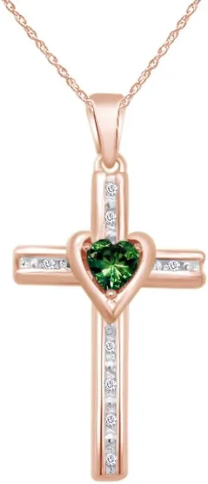 Simulated Green Emerald & Natural Diamond Cross & Heart Two Tone Pendant Necklace in Sterling Silver
