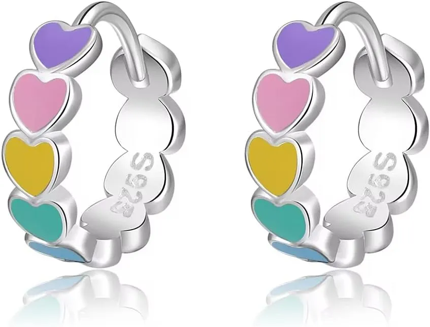 SLUYNZ Sterling Silver Rainbow Heart Hoop Earrings for Women Teens Colorful Love Earrings Huggie for Valentines Day