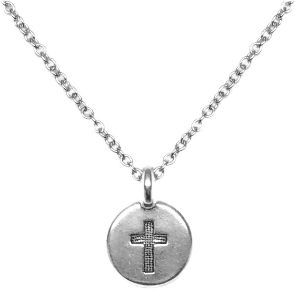 Small Engraved Cross Charm Necklace Silver Tone Religious Gift for Catholic Women