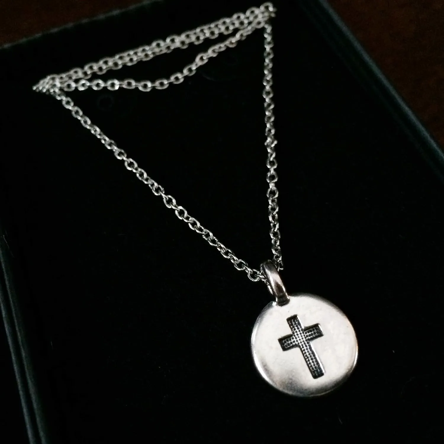 Small Engraved Cross Charm Necklace Silver Tone Religious Gift for Catholic Women