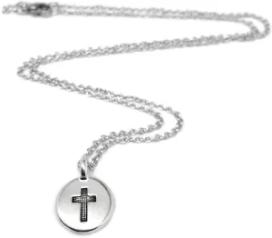 Small Engraved Cross Charm Necklace Silver Tone Religious Gift for Catholic Women