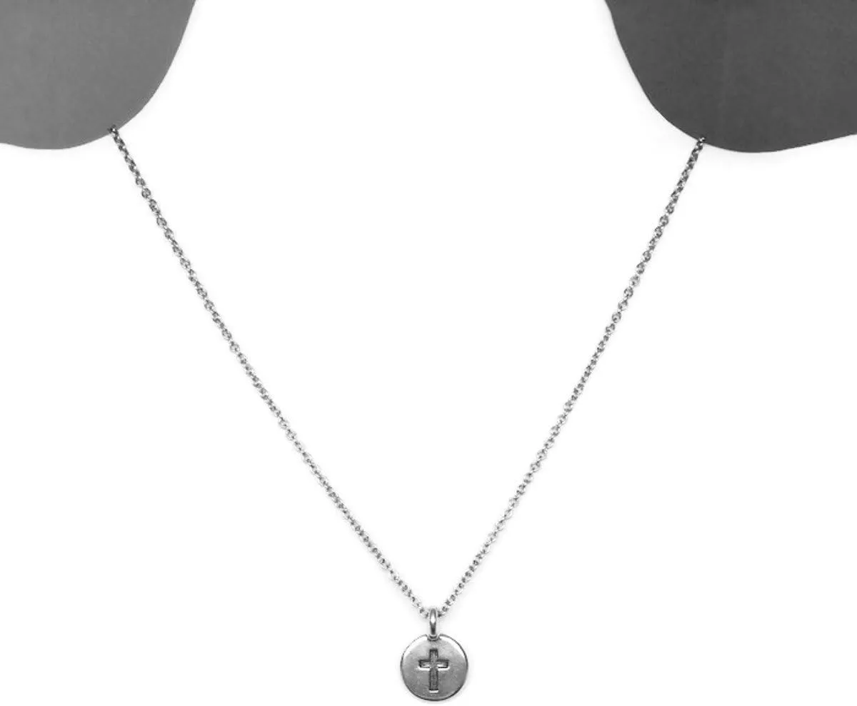 Small Engraved Cross Charm Necklace Silver Tone Religious Gift for Catholic Women
