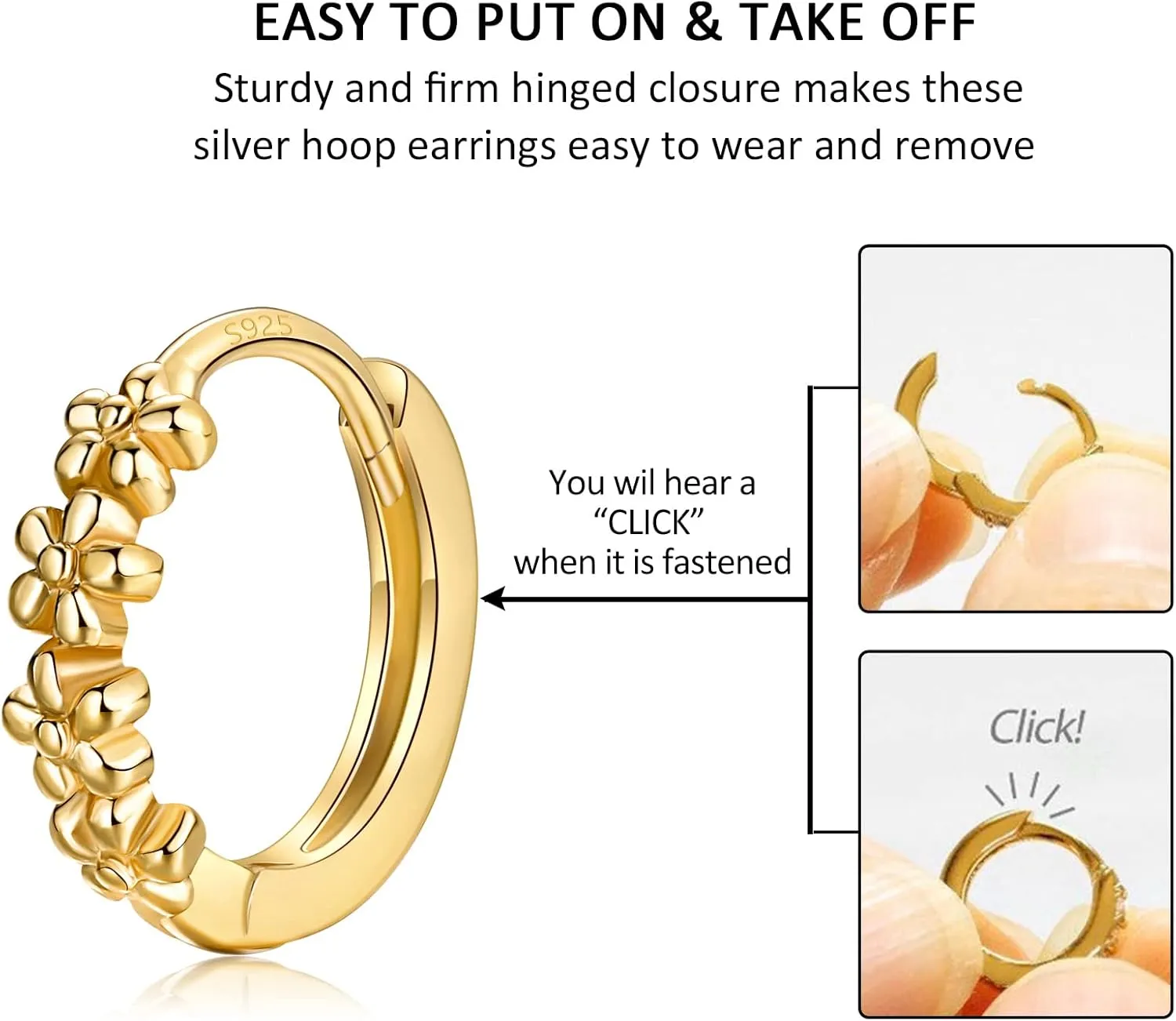 Small Hoop Earrings for Women |925 Sterling Silver Post 10mm Flower Cluster Huggie Hoop Earrings, Hypoallergenic Cartilage Piercing Hoops Jewelry