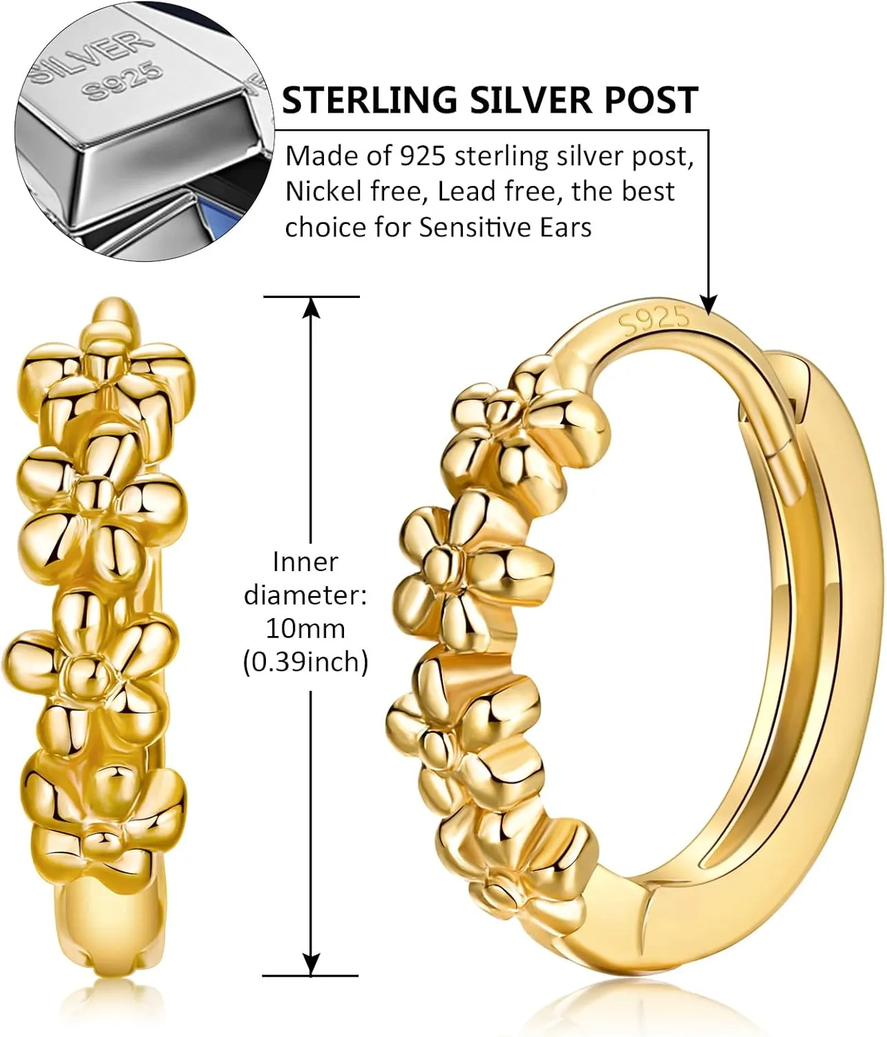 Small Hoop Earrings for Women |925 Sterling Silver Post 10mm Flower Cluster Huggie Hoop Earrings, Hypoallergenic Cartilage Piercing Hoops Jewelry