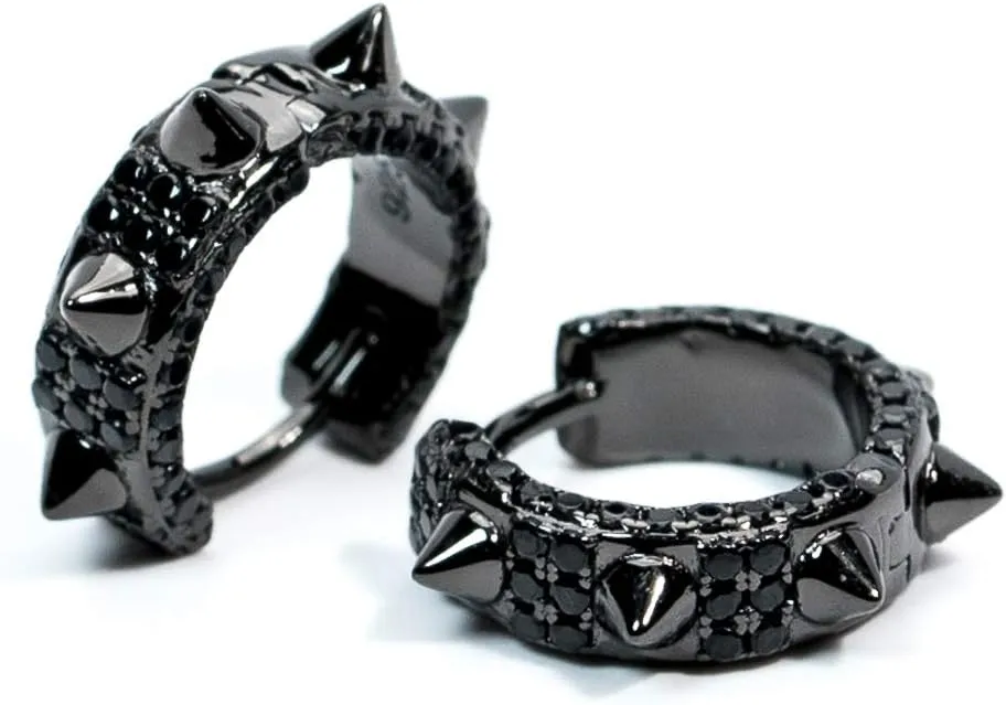 Small Punk Style Dark Black Iced Cz 925 Sterling Silver Trendy Spike Thorn Hoop Earrings for Men Women Nickel Free Hypoallergenic Gothic Skeleton Skull Huggie Hoops Earrings