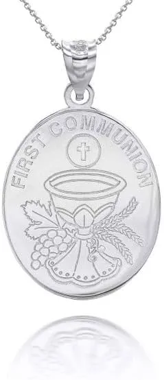 Solid 925 Sterling Silver Personalized First Holy Communion Pendant Necklace with Your Name and Date - Choice of Rolo Chain Length or Pendant Only