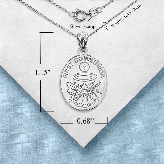 Solid 925 Sterling Silver Personalized First Holy Communion Pendant Necklace with Your Name and Date - Choice of Rolo Chain Length or Pendant Only
