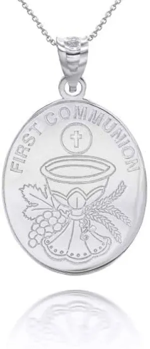 Solid 925 Sterling Silver Personalized First Holy Communion Pendant Necklace with Your Name and Date - Choice of Rolo Chain Length or Pendant Only