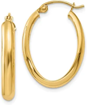 Solid Real 14k Yellow Gold 3.5mm Oval Hoop Earrings - 16mm x 3mm