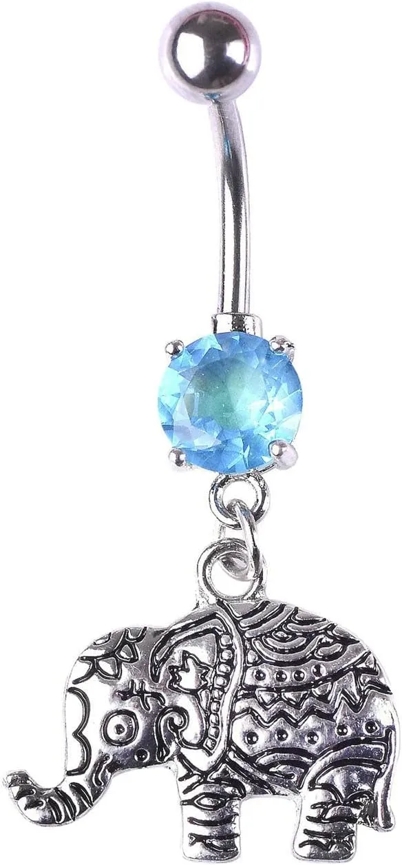 Stainless Steel Hoop Belly Button Rings, Crystal Black Navel Rings for Women Tribal Elephant Pendant Silver Navel Ring