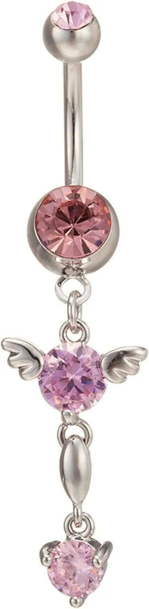 Stainless Steel Hoop Belly Button Rings, Crystal Cute Navel Rings for Women Round And Wings Pink Navel Piercing