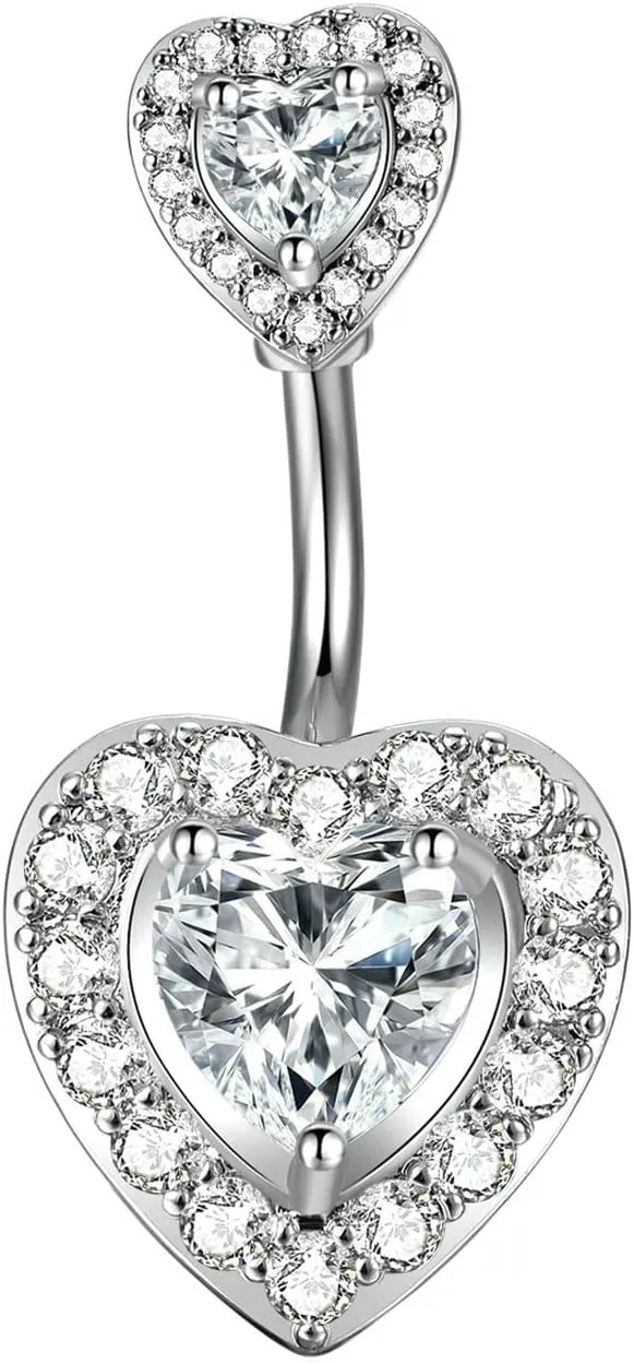 Stainless Steel Navel Ring, CZ Initial Navel Rings for Women Double Heart Silver Navel Rings