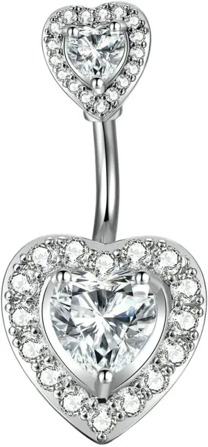 Stainless Steel Navel Ring, CZ Initial Navel Rings for Women Double Heart Silver Navel Rings