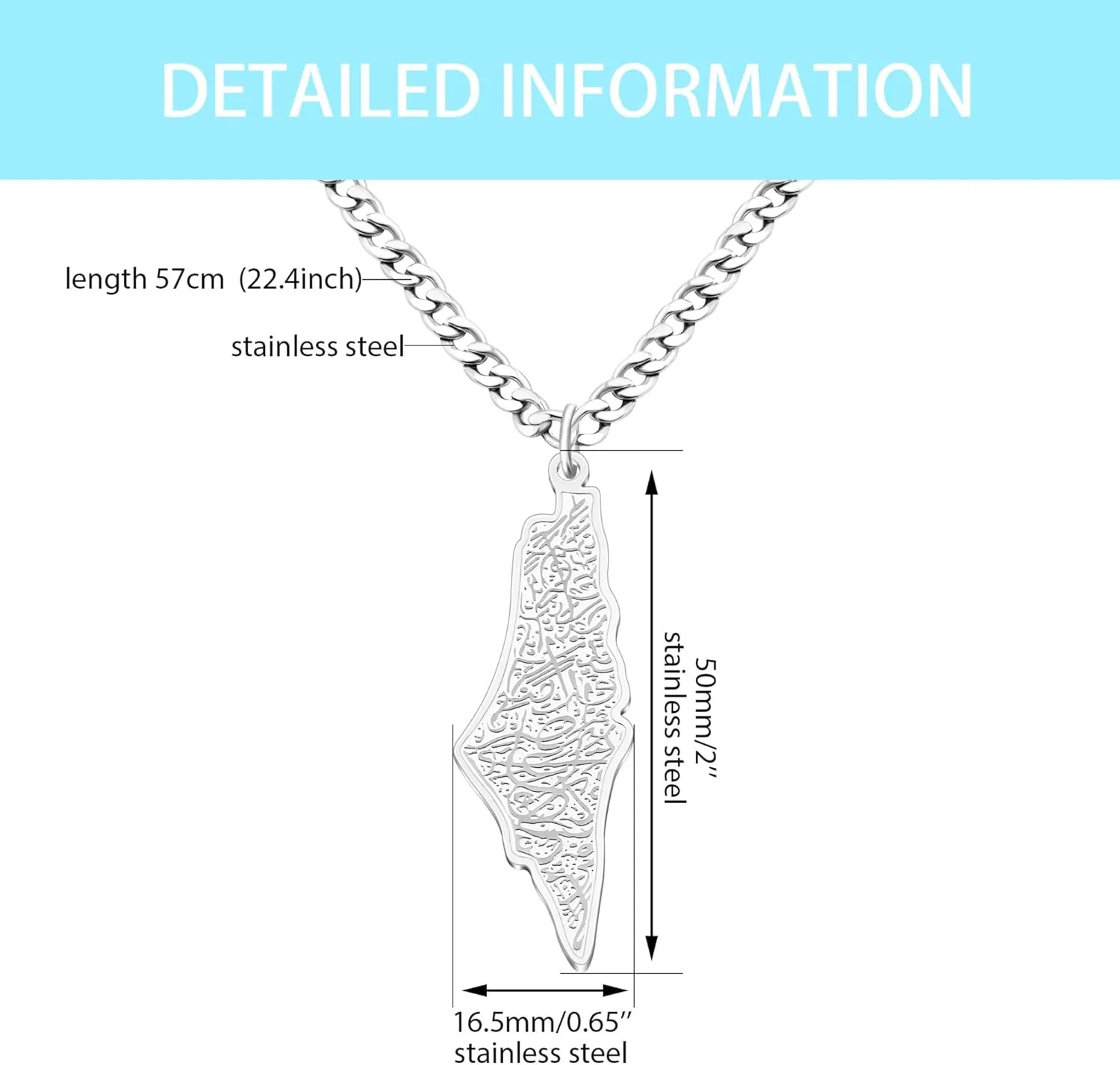 Stainless Steel Palestine Map Necklace for Men - Arabic Calligraphy National Pride Jewelry YA5136
